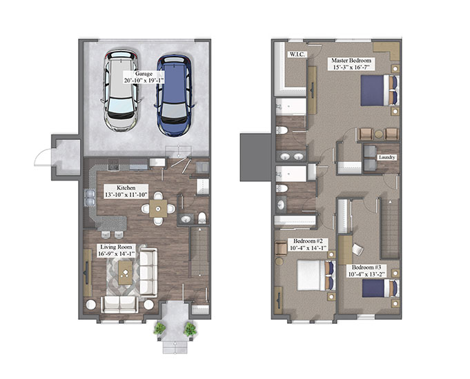 3 Bedroom Townhome 3D floor plan rendering