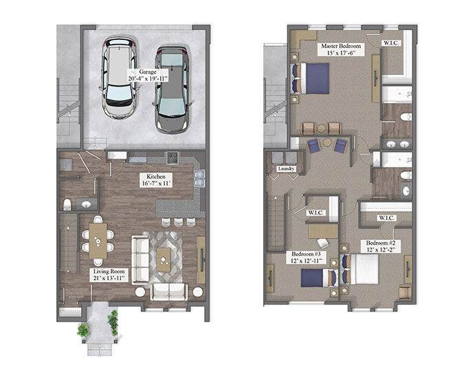 3 Bedroom Townhome 3D floor plan rendering