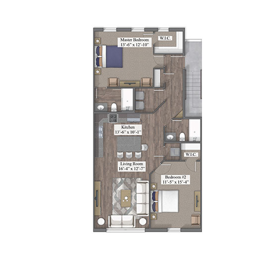 2 Bedroom Townhome 3D floor plan rendering