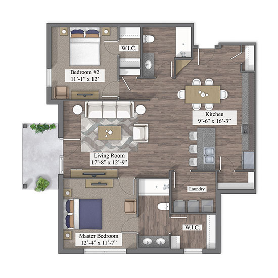 2 Bedroom floor plan rendering