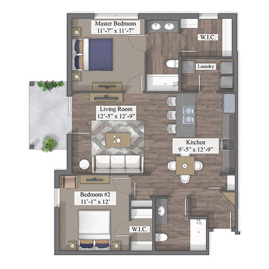 2 Bedroom floor plan rendering