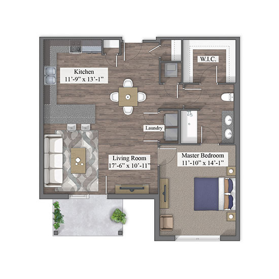 1 Bedroom floor plan rendering