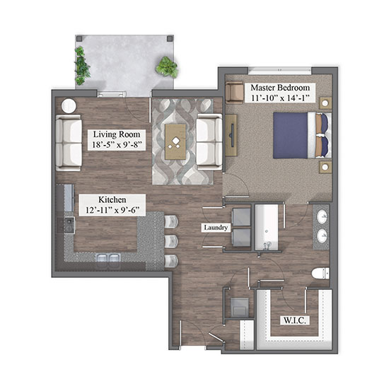 1 Bedroom floor plan rendering