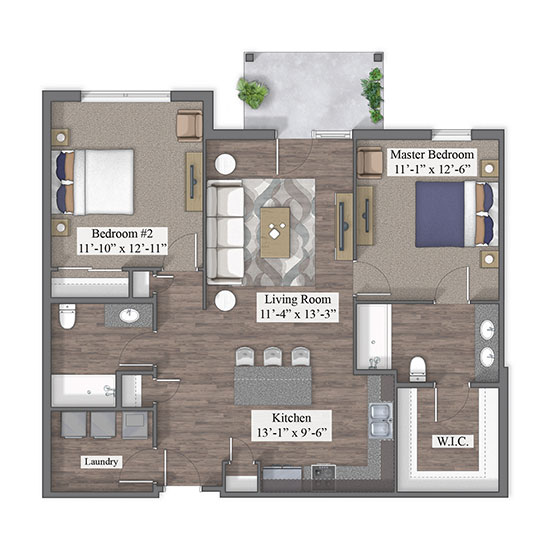 2 Bedroom floor plan rendering