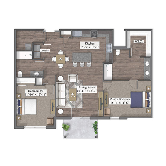 2 Bedroom floor plan rendering