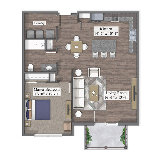 1 Bedroom floor plan rendering