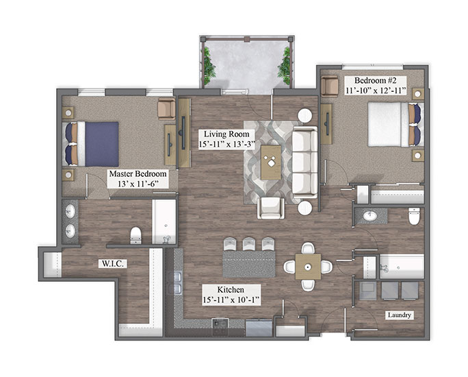 2 Bedroom floor plan rendering