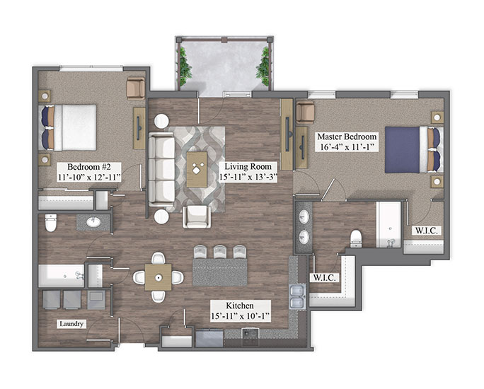 2 Bedroom floor plan rendering