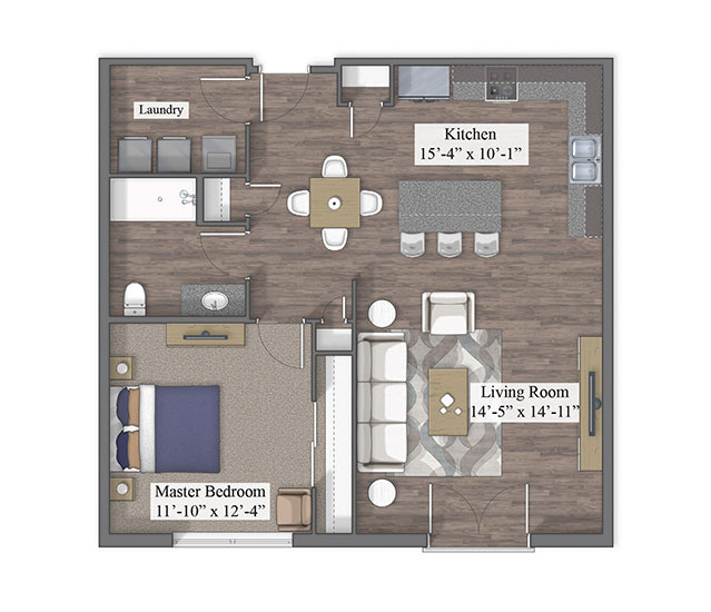 1 Bedroom floor plan rendering